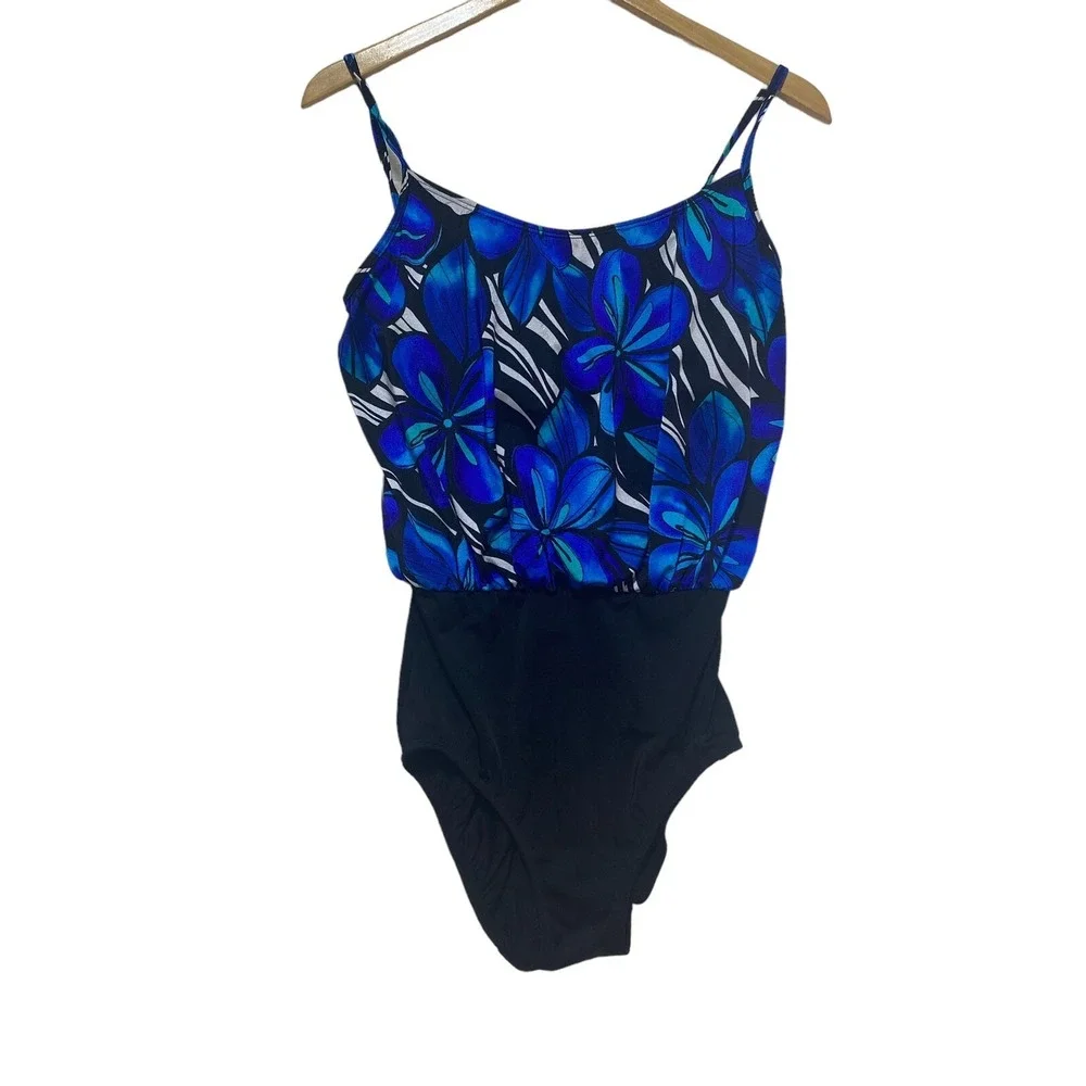 Vtg Inches Away Slimming Swimsuit Size‎ 8 one Piece Blouson 96063 Blue flower